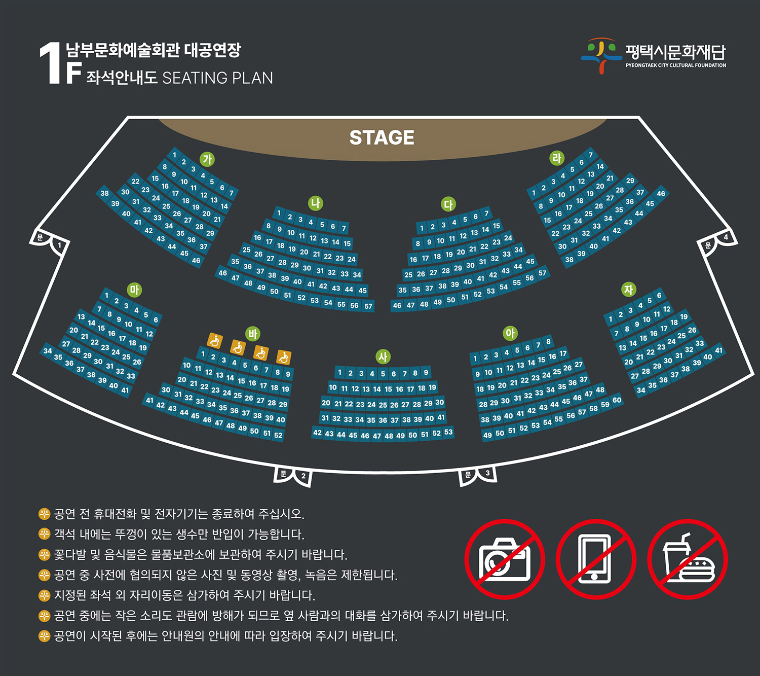 (남부 대공연장 1층(453석) 좌석배치도 : 왼쪽부터 가 46석, 나 57석, 다 57석,라 46석, 마 41석, 바 52석, 장애인석 4석, 사 53석, 아 60석, 자 41석 의자 배치도) /
(비상구 : 가 38석 뒤 문1, 라 486석 뒤 문4, 바 52석/사 42석 사이 뒤쪽 문2, 사 53석 / 아 49석 사이 뒤쪽 문3) /
(소화기(총 3개) : 마 34석 뒤 1개, 사 47석/사 48석 뒤쪽 1개, 자 41석 뒤 1개)