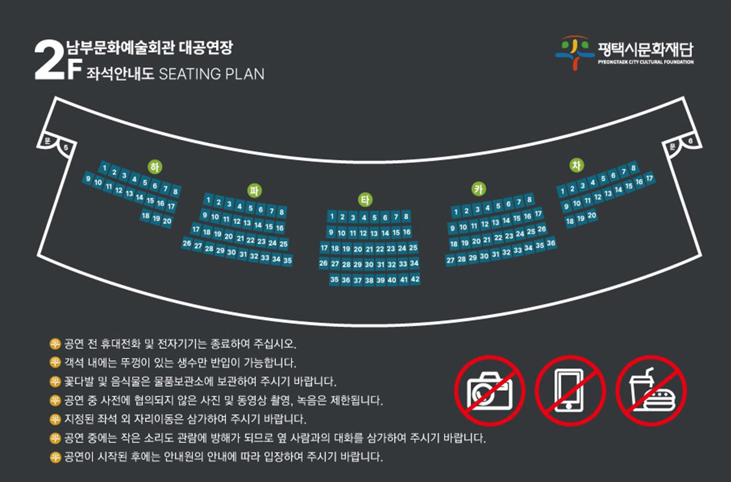 (남부 대공연장 2층(153석) 좌석배치도 : 왼쪽부터 하 20석, 파 35석, 타 42석, 카 36석, 차 20석) / 
(비상구 : 하 1석 왼쪽 방향 문 5, 차 8석 오른쪽 방향 문 6) / 
(소화기(총 3개) : 하 9석 뒤 1개, 타 38석/타 39석 사이 뒤쪽 1개, 차 17석 뒤 1개)