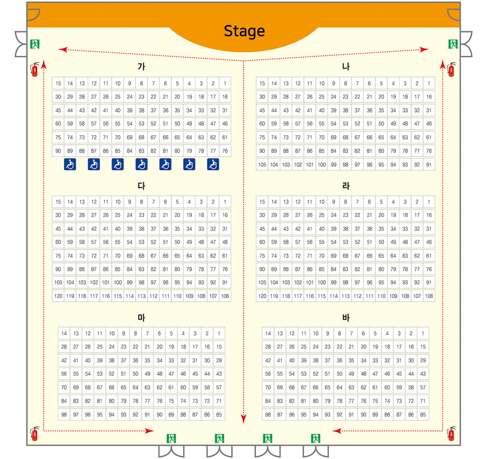 (북부 대공연장 (631석) 좌석배치도 : 왼쪽부터 가 76석, 장애인석 7석, 나 91석, 다 106석, 라 106석, 마 85석, 바 85석)
(비상구 : 스테이지 왼쪽 앞/가 15석 왼쪽 앞 문, 스테이지 오른쪽 앞/나 1석 오른쪽 앞문 문,마 89석 뒤 문, 마 85석 뒤 문, 바 98석 뒤 문, 바 94석 뒤 문)
(소화기(총 4개) : 가 15석 왼쪽 1개, 나 1석 오른쪽 1개, 마 98석 왼쪽 뒤 1개, 바 85석 오른쪽 뒤 1개)  