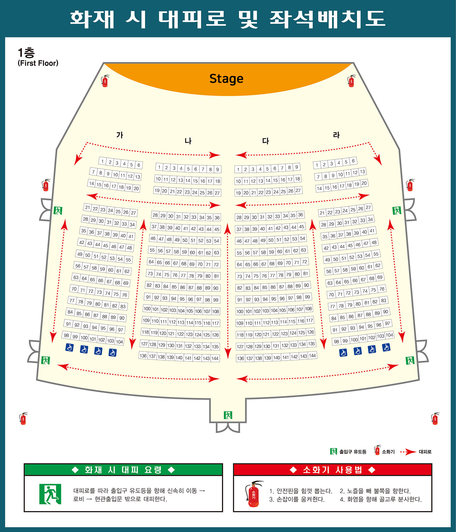 (서부 대공연장 1층(282석) 좌석배치도 : 전체 768석, 좌석배치도, 왼쪽부터 104석, 장애인석 4석, 나 144석, 다 144석, 라 104석, 장애인석 4석)
(비상구 : 가 21석/가28석 왼쪽 문, 라 27석/라 34석 오른쪽 문, 가 98석 왼쪽 뒤 문, 라 104석 오른쪽 뒤 문)
(소화기(총 6개) : 스테이지 왼쪽 앞 1개, 스테이지 오른쪽 앞 1개, 가 21석/가28석 왼쪽 문 밖 1개, 라 27석/라 34석 오른쪽 문 밖 1개, 공연장 밖 뒤 왼쪽/오른쪽 각 1개씩 배치)